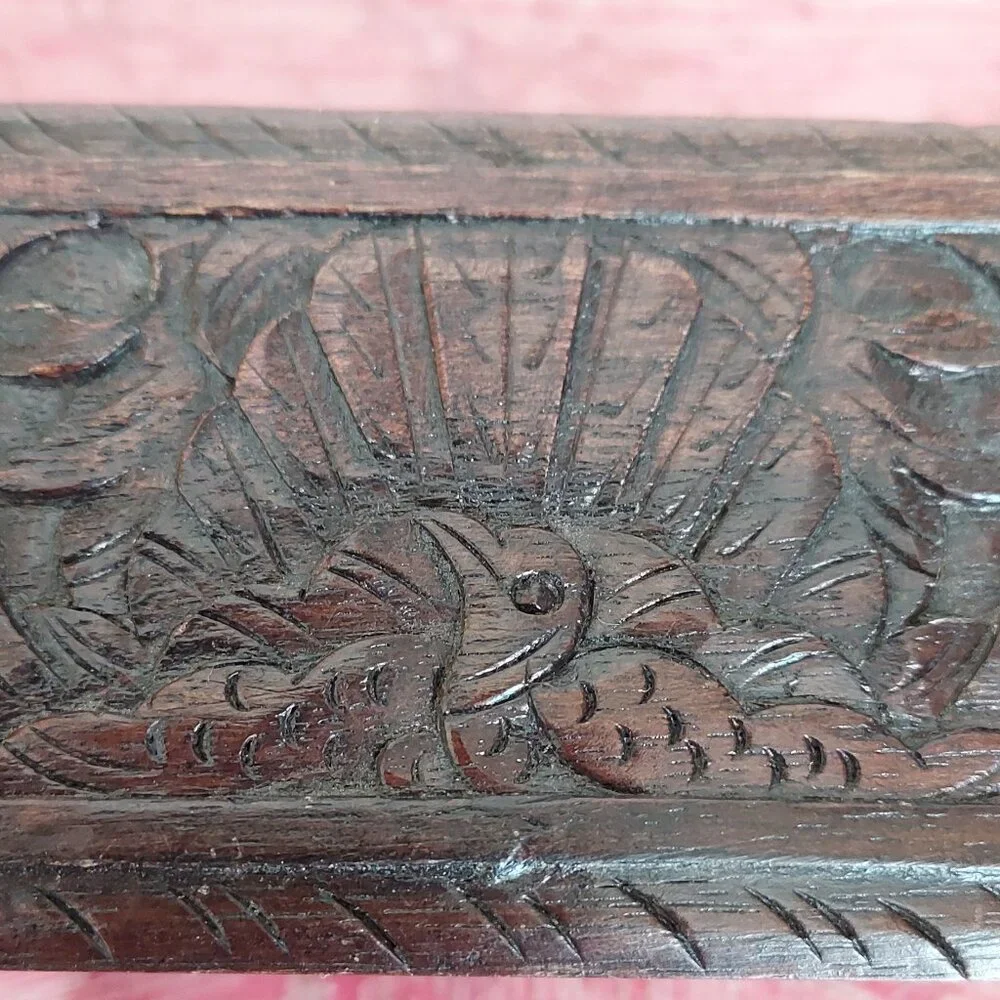 Sarinah Carved Wood Hinged Trinket Box-Peacock Carved into the Lid